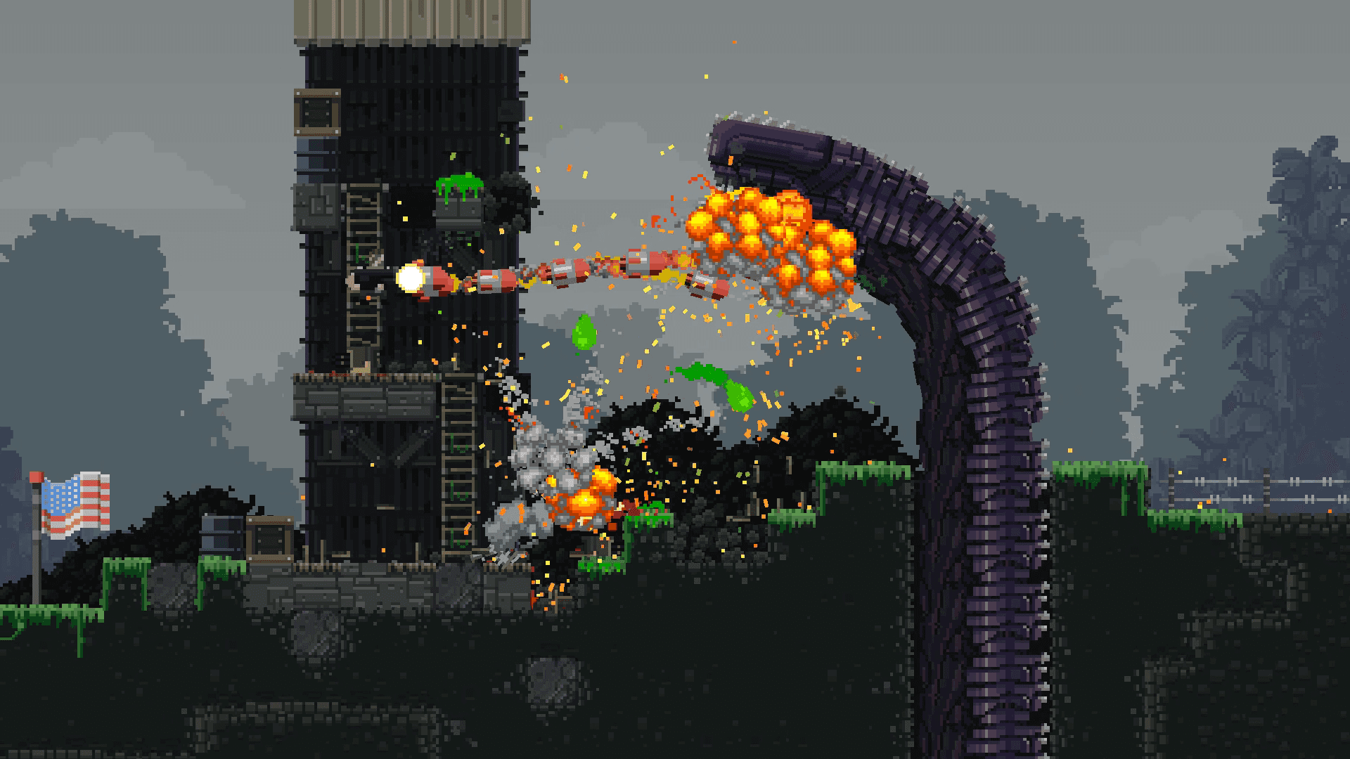 Broforce - Screenshot of a long line of bombs hitting a massive worm