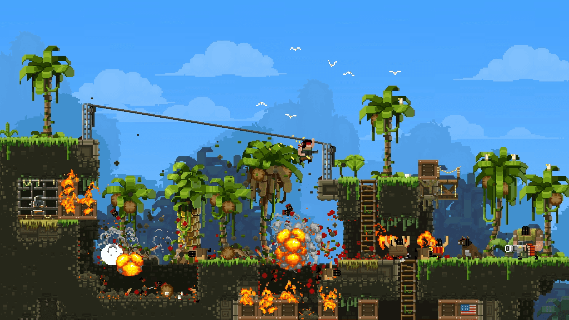 Broforce - Screenshot of a character zip-lining along side palm trees and explosions