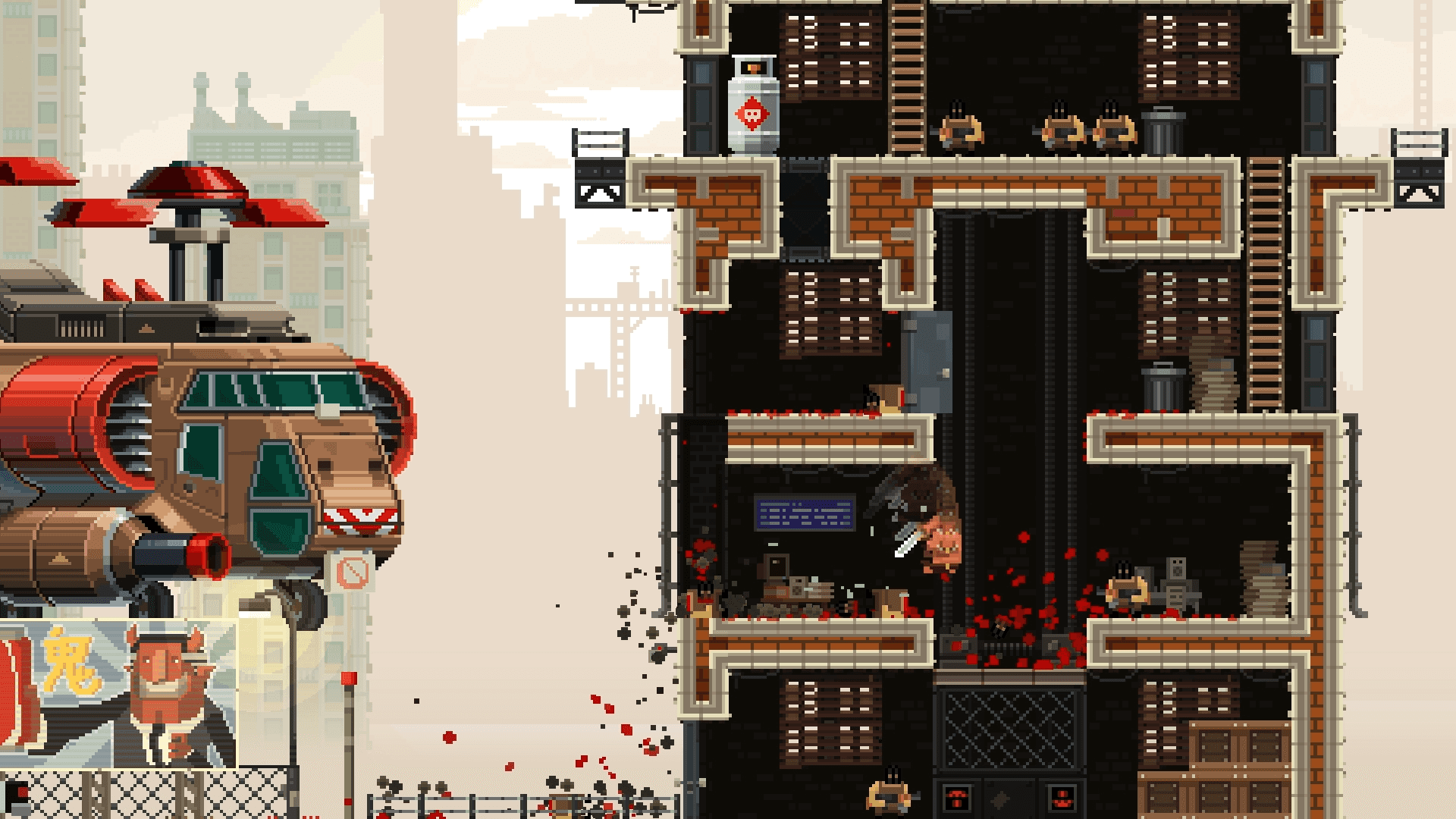Broforce - Screenshot of a large aircraft approaching a multi-level building