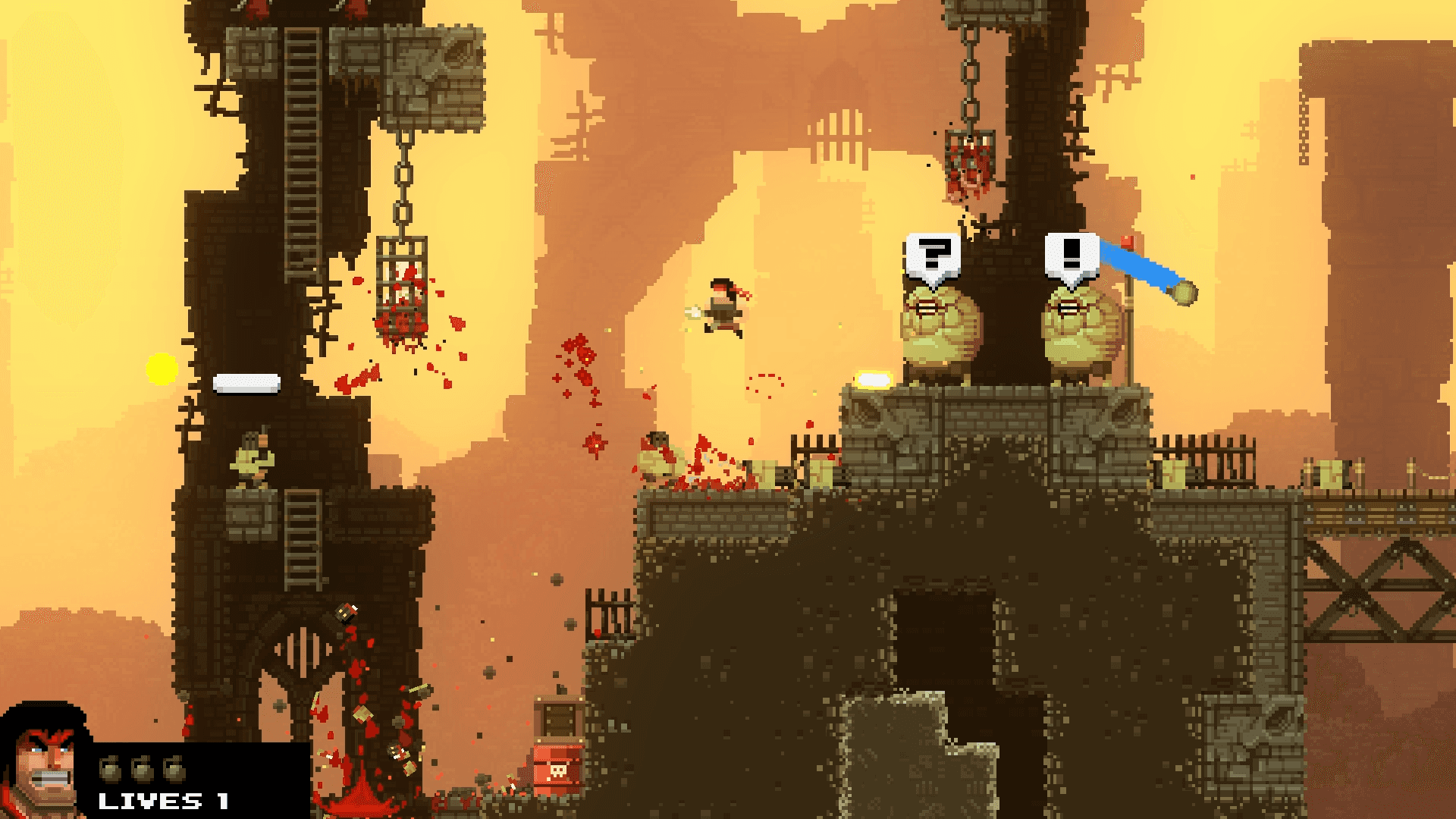 Broforce - Screenshot of a character jumping away from enemies while shooting at someone in a cage