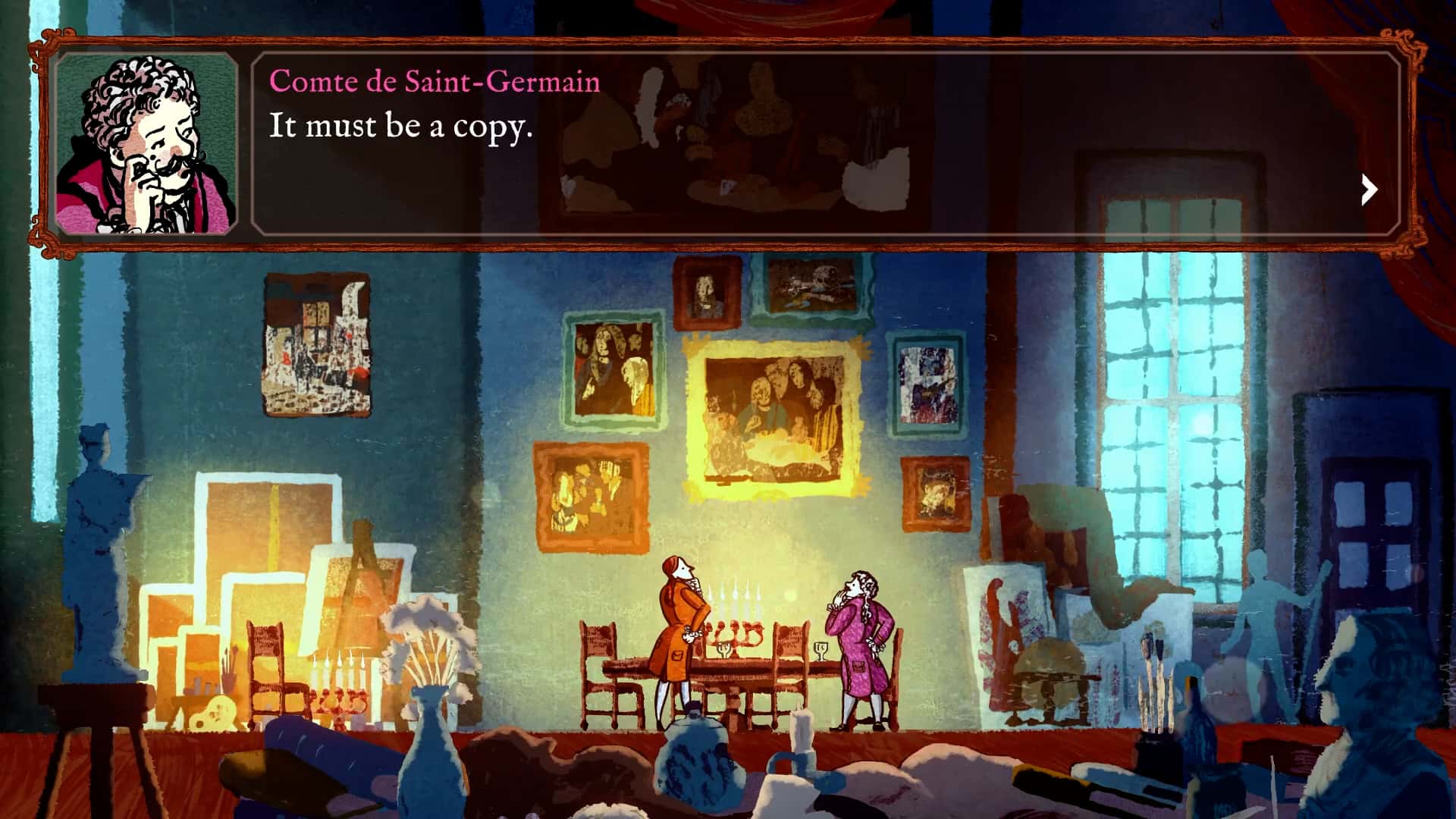 Card Shark - Screenshot of a discussion in a room filled with paintings