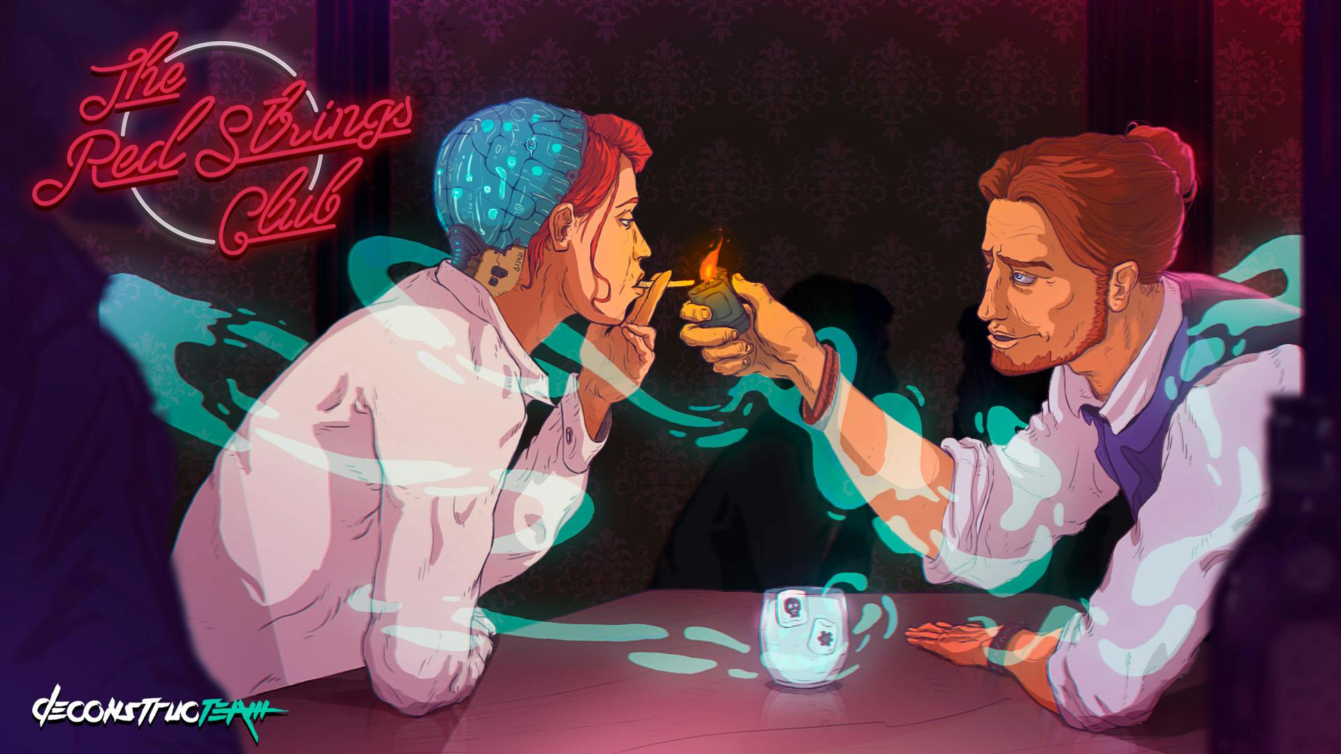 Key art created for the video game The Red Strings Club by Deconstructeam showing a person lighting another person's cigarette.