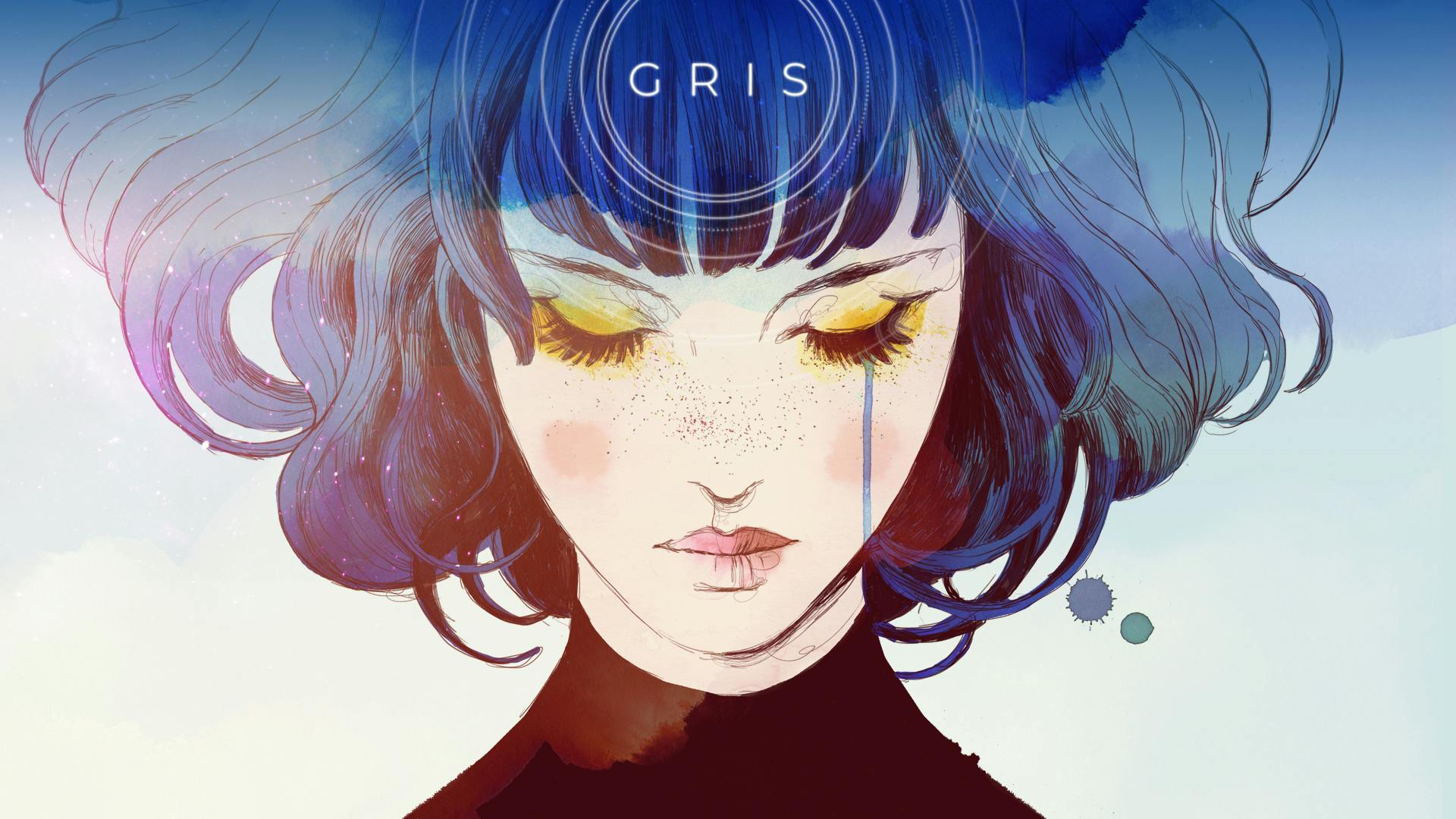 Key art created for the video game GRIS showing the face of the main character, a girl named Gris.
